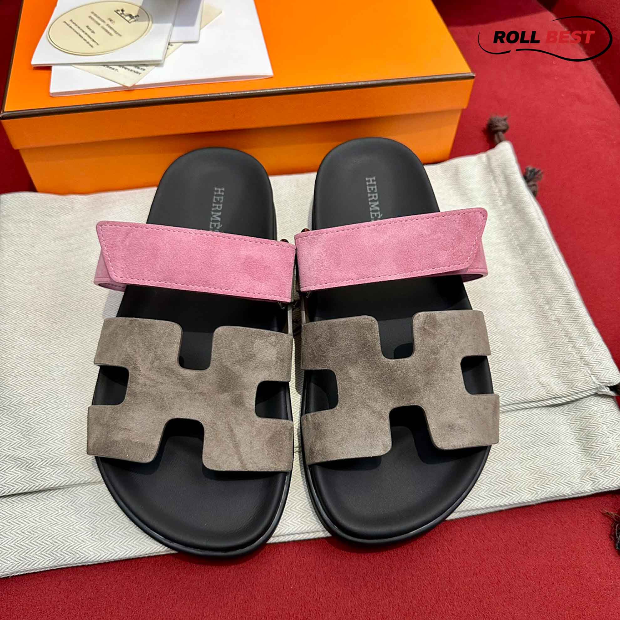 Dép Hermes Chypre Sandal Black Pink Suede