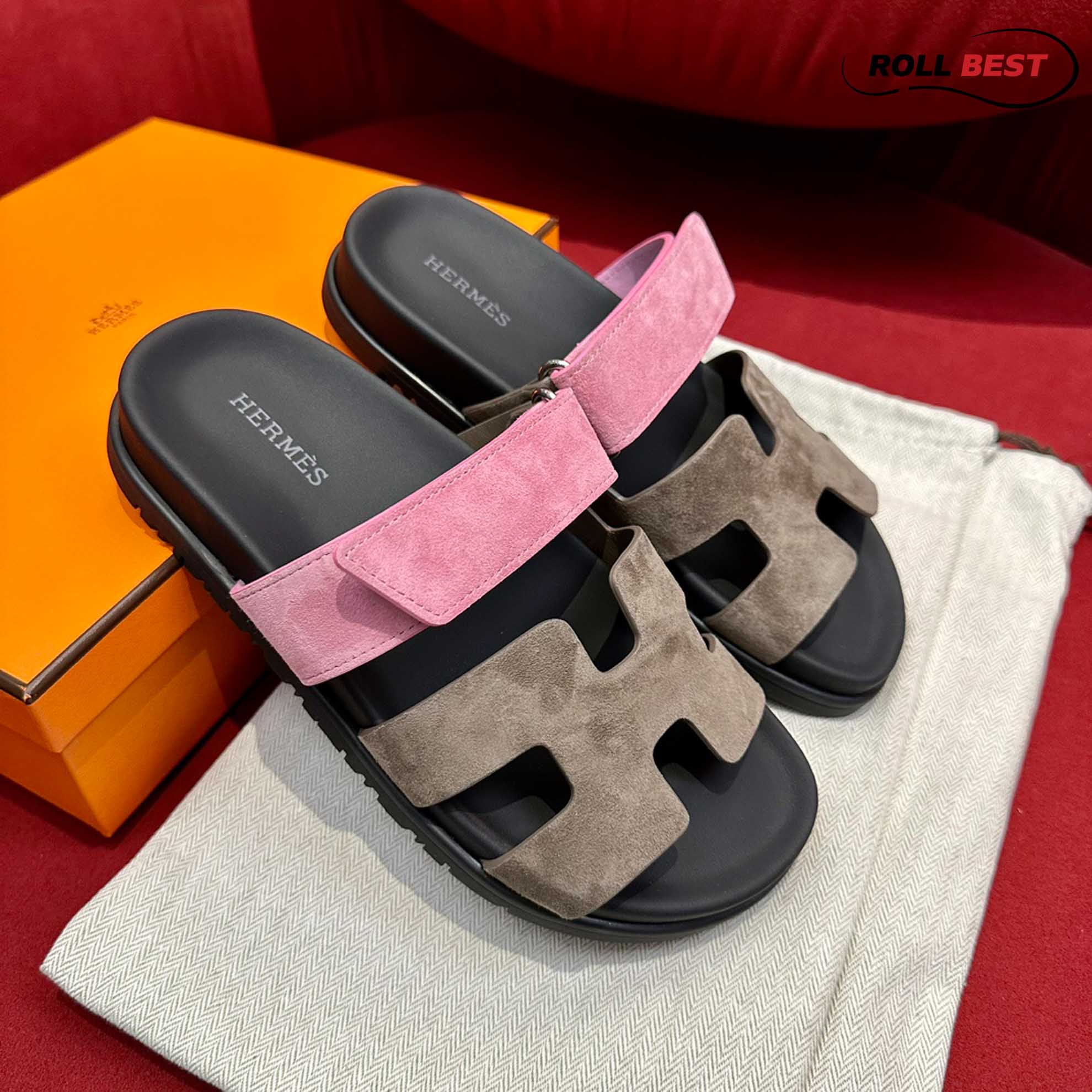 Dép Hermes Chypre Sandal Black Pink Suede