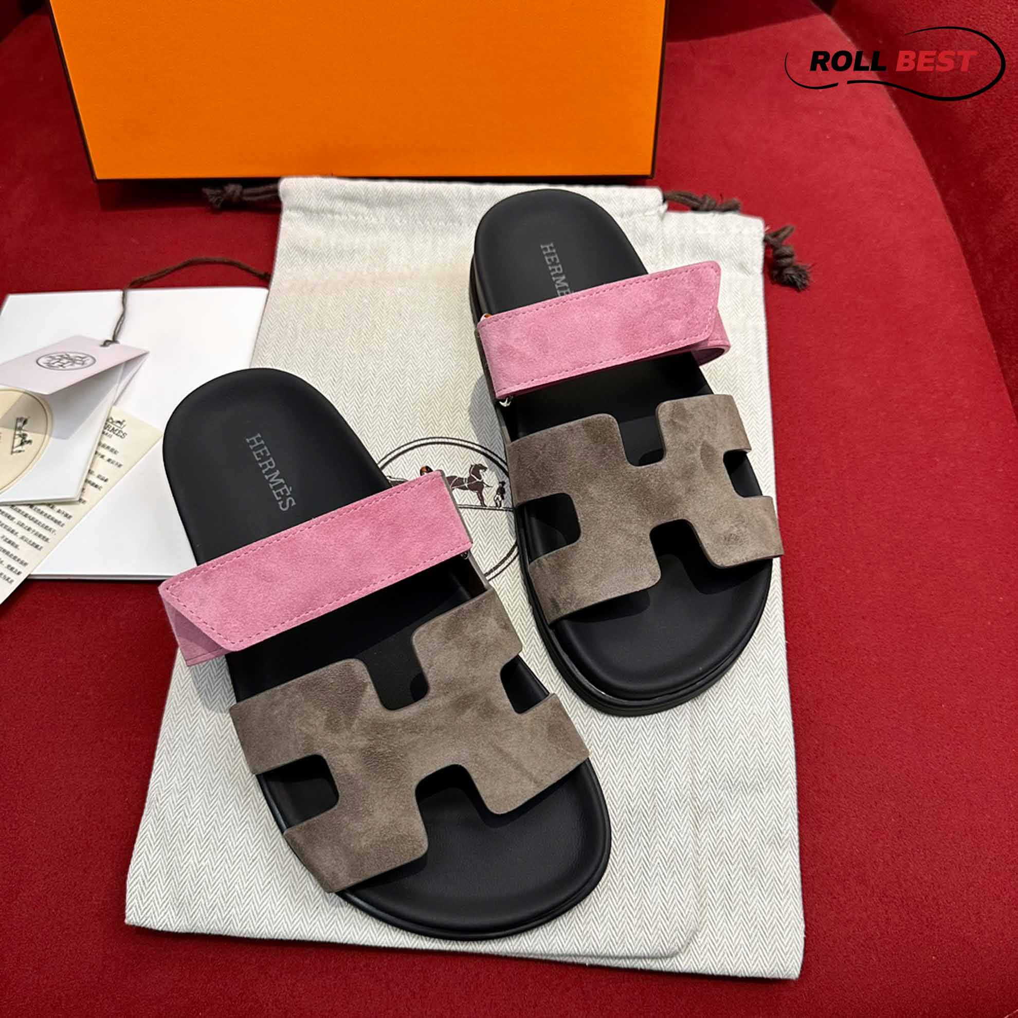 Dép Hermes Chypre Sandal Black Pink Suede