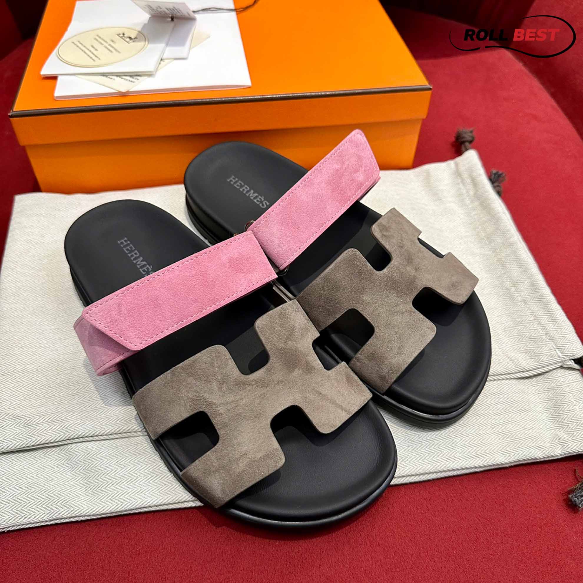 Dép Hermes Chypre Sandal Black Pink Suede