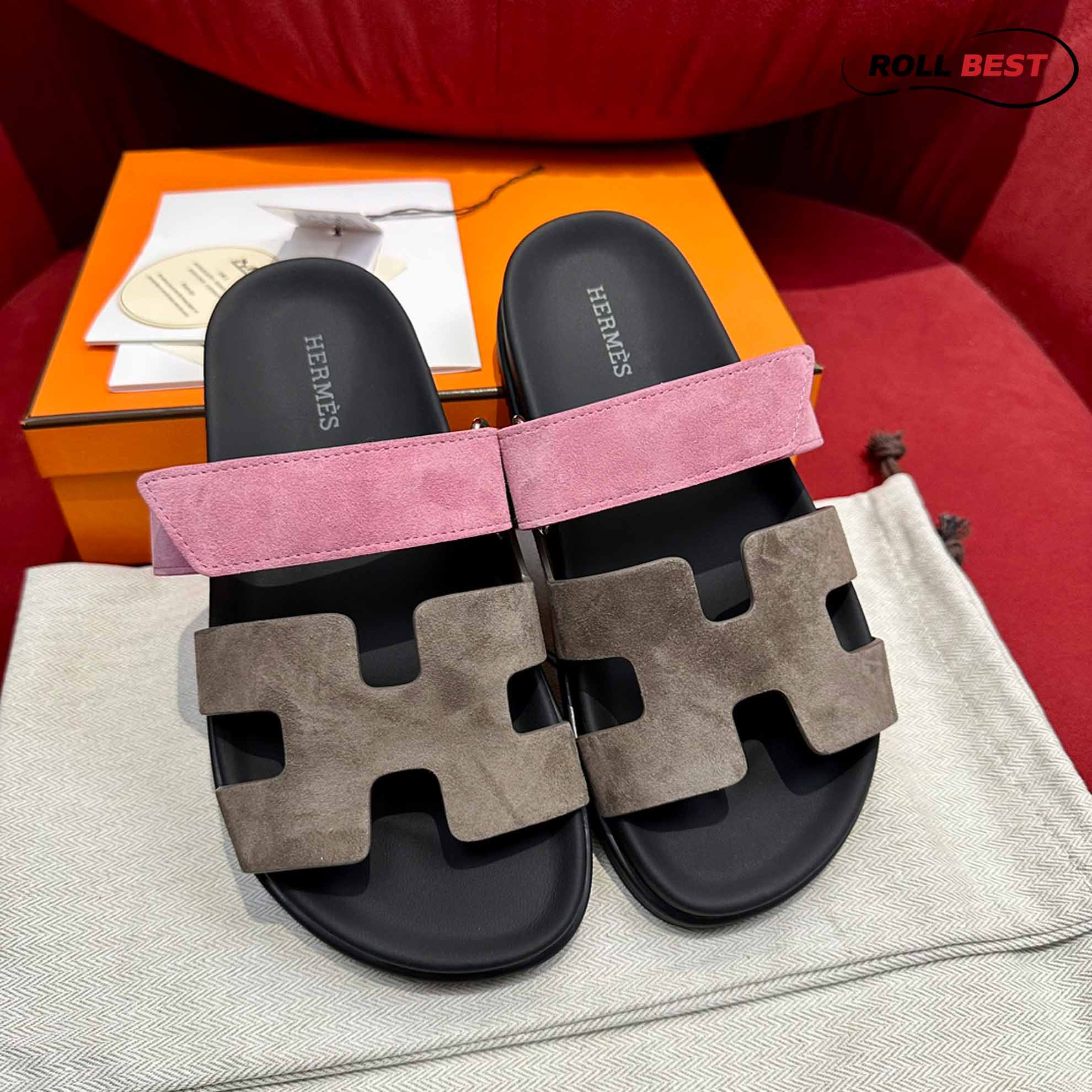 Dép Hermes Chypre Sandal Black Pink Suede