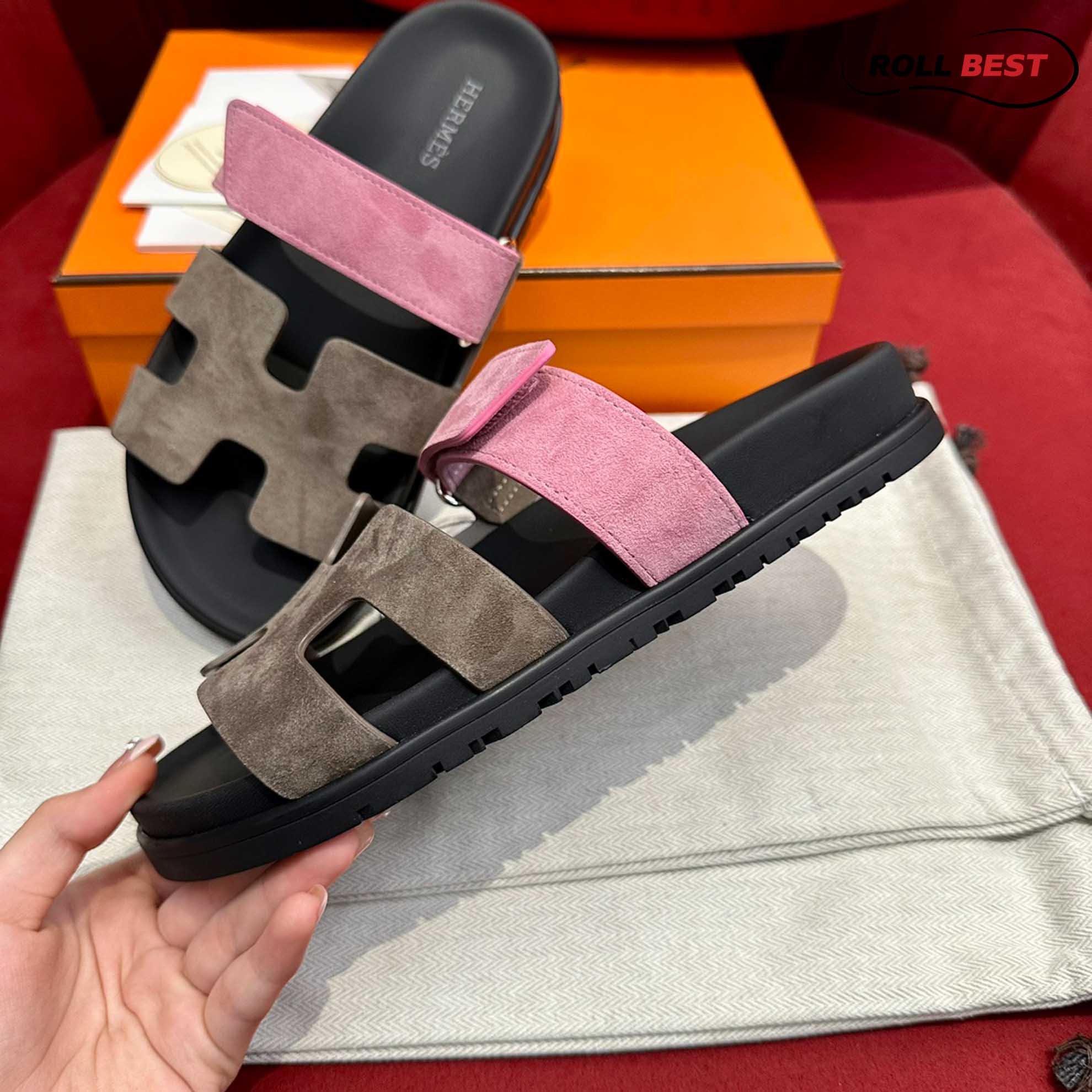 Dép Hermes Chypre Sandal Black Pink Suede