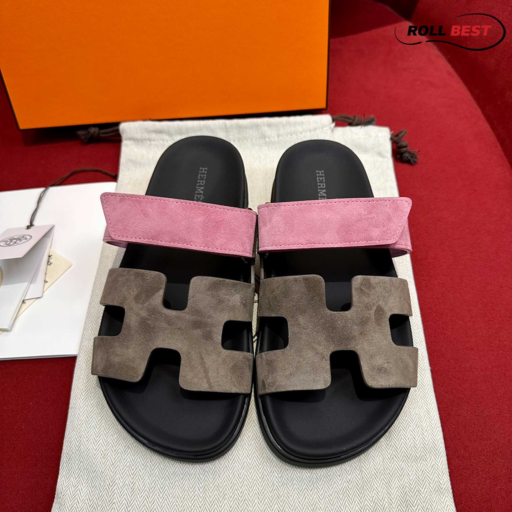 Dép Hermes Chypre Sandal Black Pink Suede