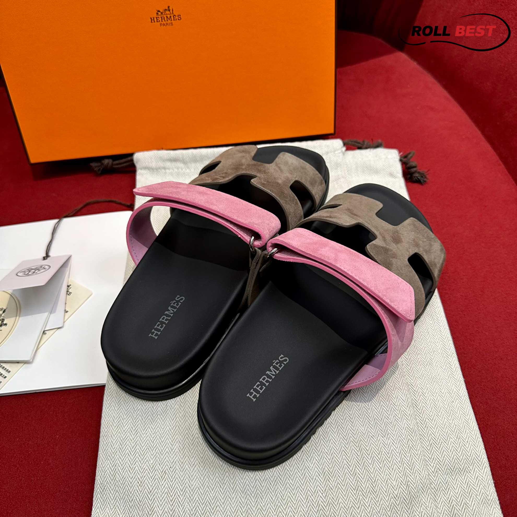 Dép Hermes Chypre Sandal Black Pink Suede