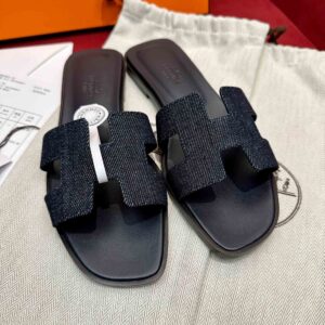 Dép Nữ Hermes Oran Sandal Đen Denim