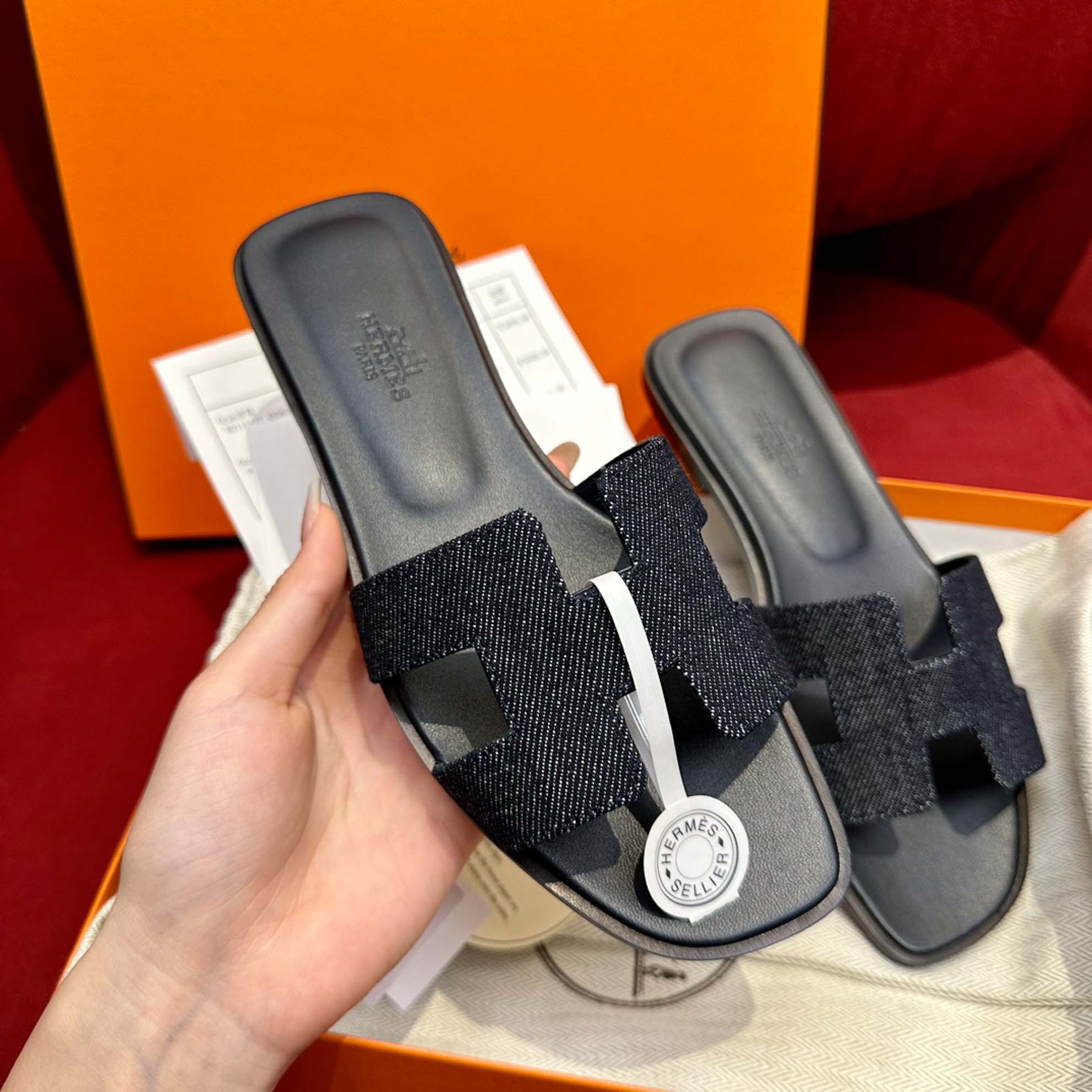 Dép Nữ Hermes Oran Sandal Đen Denim