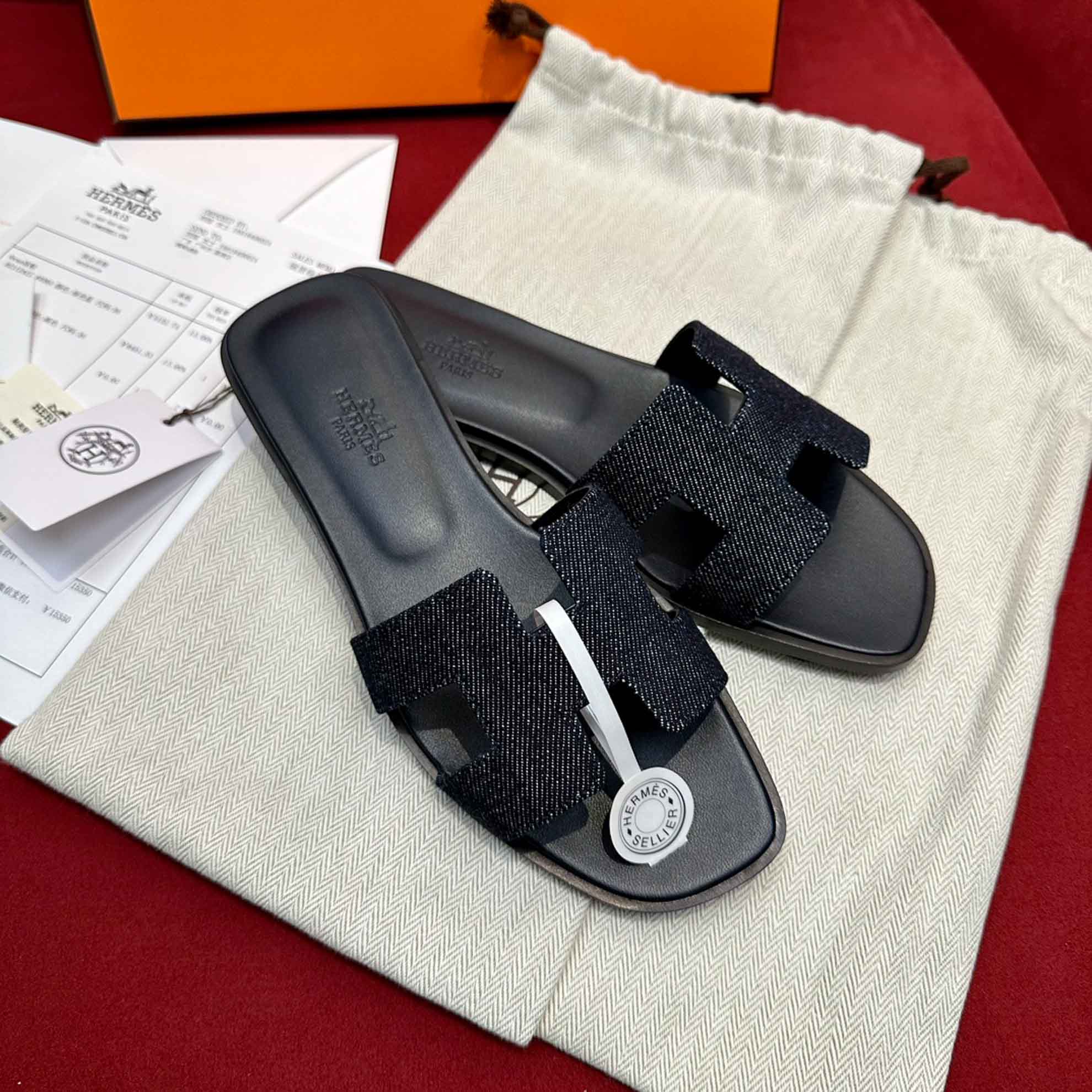 Dép Nữ Hermes Oran Sandal Đen Denim