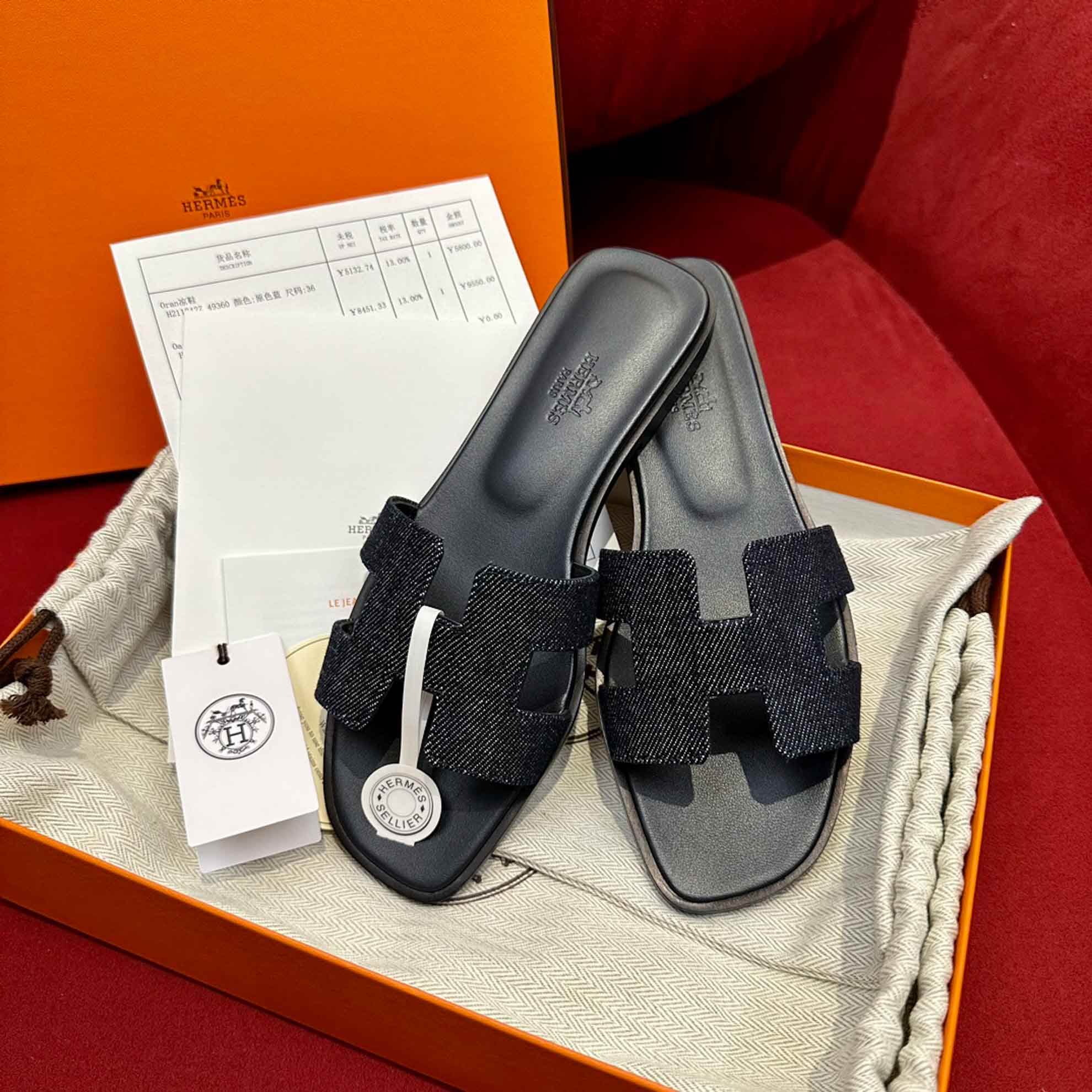 Dép Nữ Hermes Oran Sandal Đen Denim