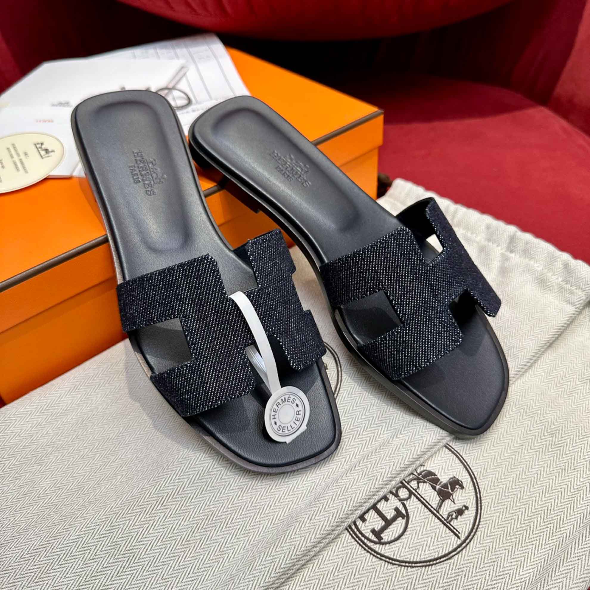 Dép Nữ Hermes Oran Sandal Đen Denim