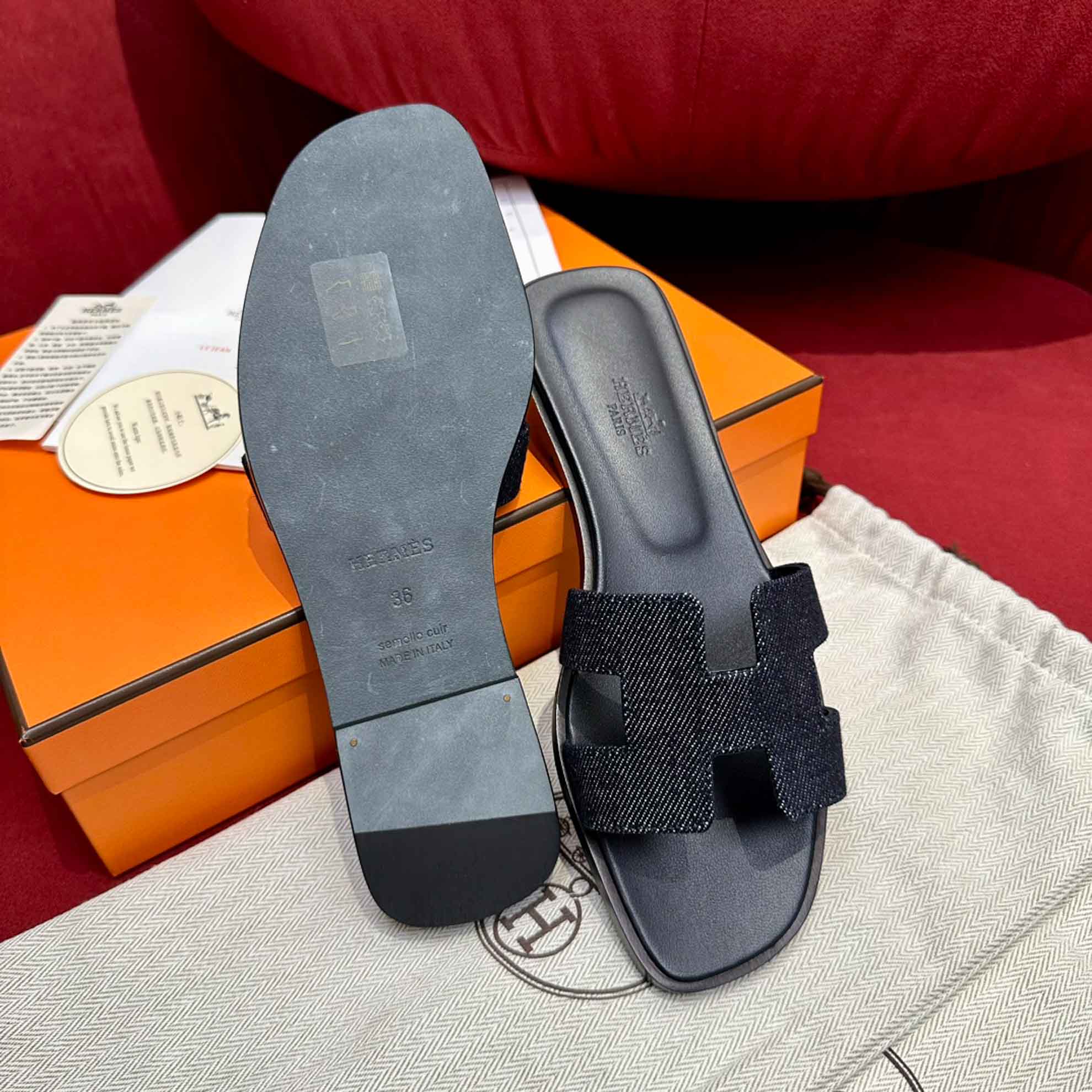 Dép Nữ Hermes Oran Sandal Đen Denim