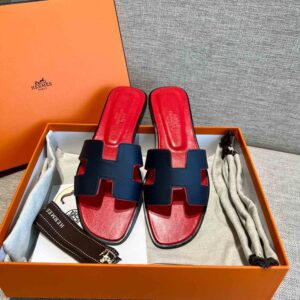 Dép Nữ Hermes Oran Sandal Đen Đỏ Trơn