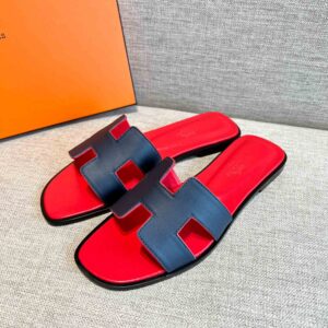 Dép Nữ Hermes Oran Sandal Đen Đỏ Trơn