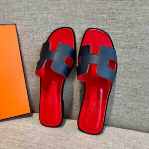 Dép Nữ Hermes Oran Sandal Đen Đỏ Trơn