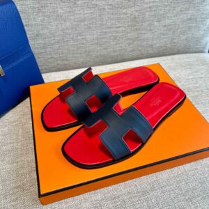 Dép Nữ Hermes Oran Sandal Đen Đỏ Trơn