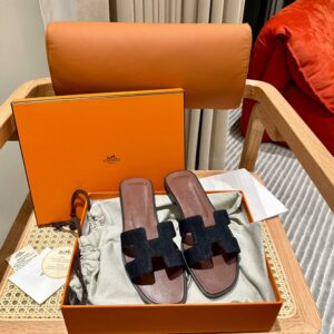 Dép Nữ Hermes Oran Sandal Đen Nâu Denim