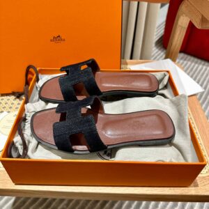 Dép Nữ Hermes Oran Sandal Đen Nâu Denim