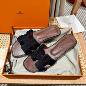 Dép Nữ Hermes Oran Sandal Đen Nâu Denim