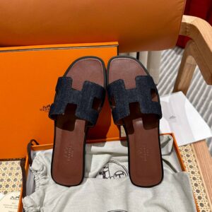 Dép Nữ Hermes Oran Sandal Đen Nâu Denim