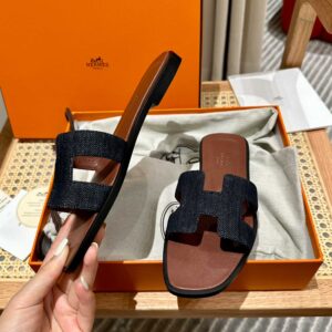 Dép Nữ Hermes Oran Sandal Đen Nâu Denim