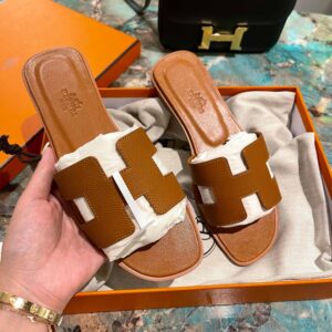 Dép Nữ Hermes Oran Sandal Full Nâu Nhăn