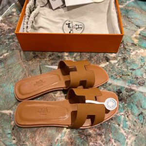 Dép Nữ Hermes Oran Sandal Full Nâu Nhăn