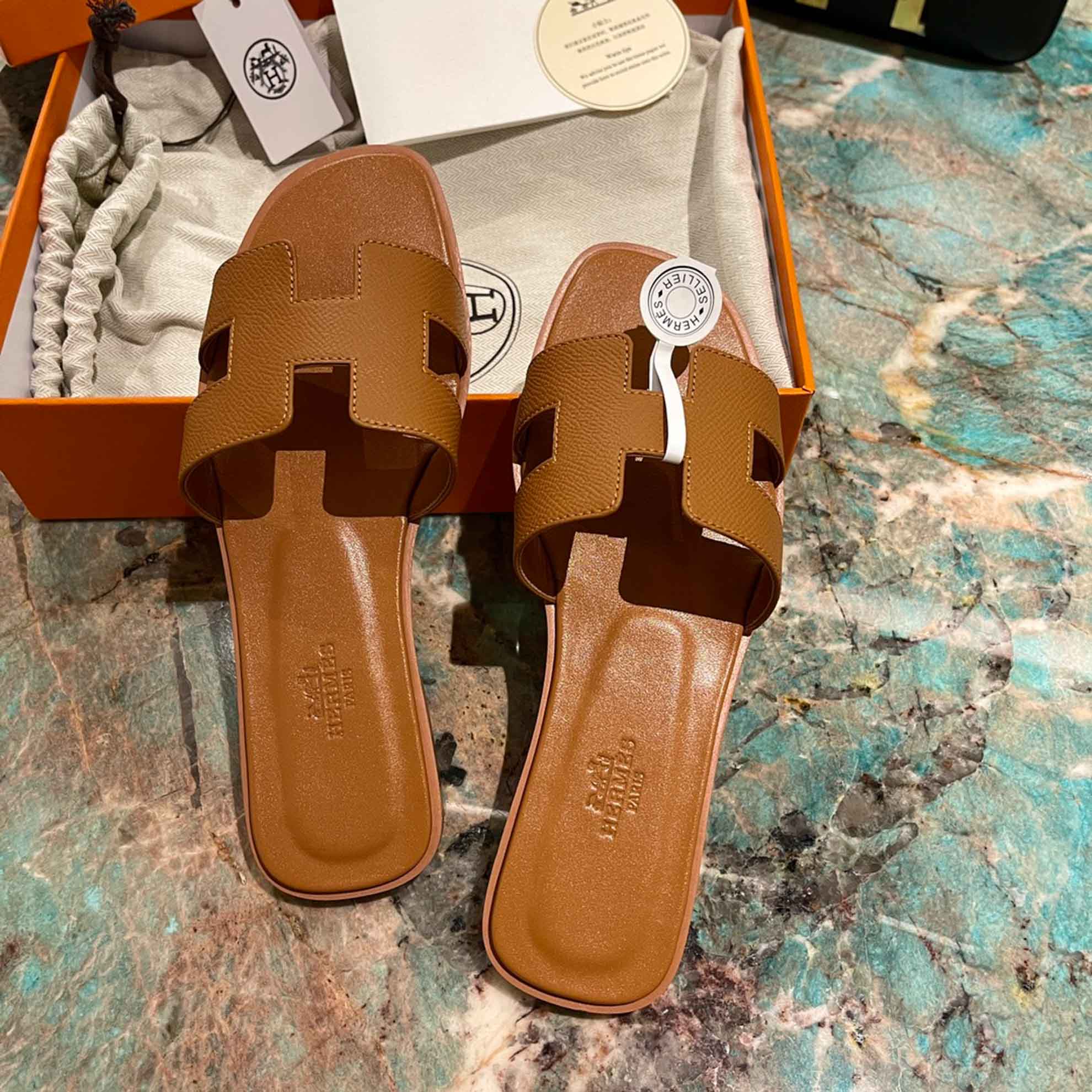 Dép Nữ Hermes Oran Sandal Full Nâu Nhăn