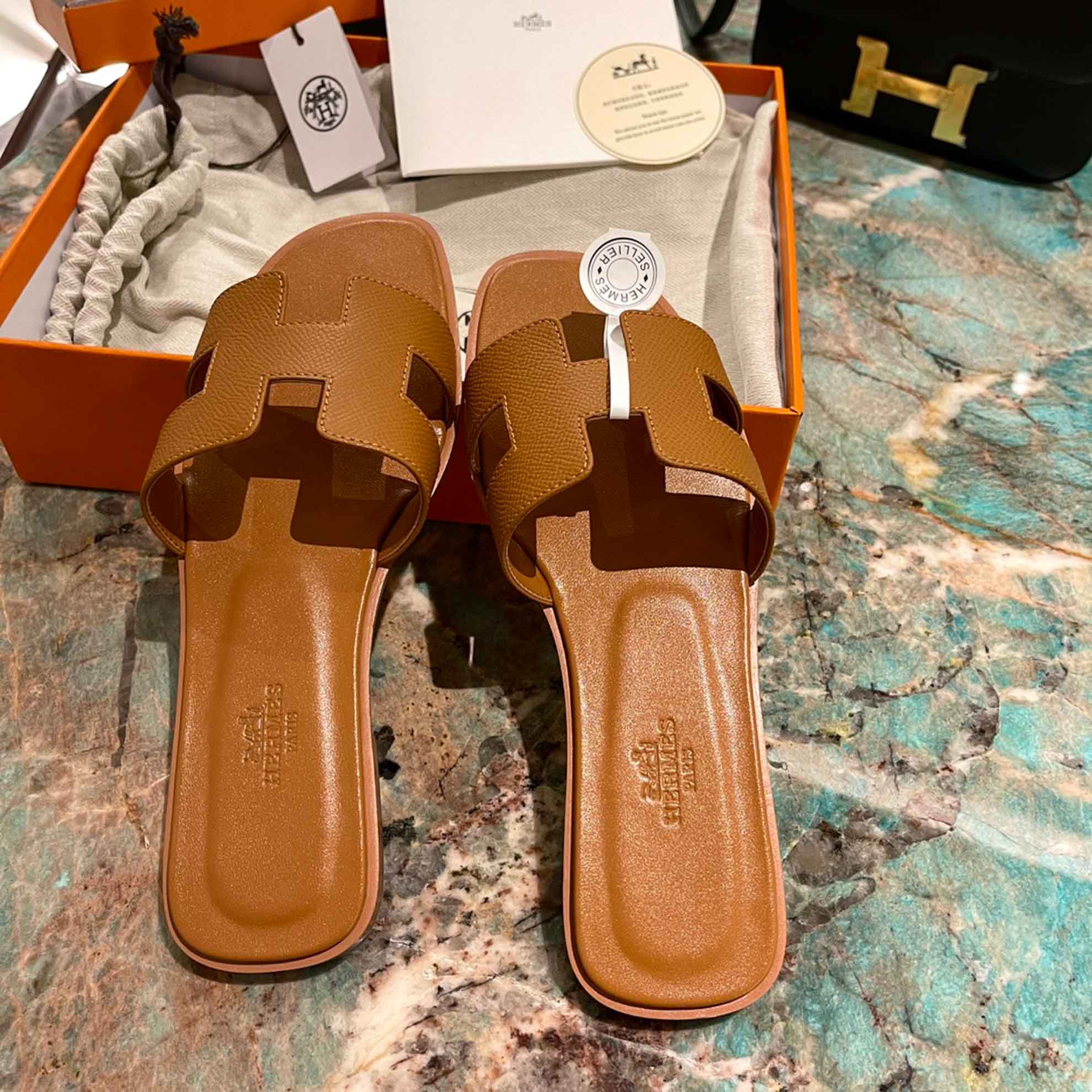 Dép Nữ Hermes Oran Sandal Full Nâu Nhăn