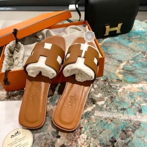 Dép Nữ Hermes Oran Sandal Full Nâu Nhăn