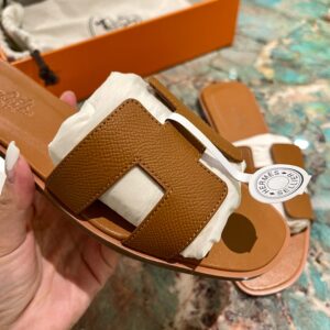 Dép Nữ Hermes Oran Sandal Full Nâu Nhăn