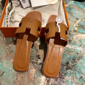 Dép Nữ Hermes Oran Sandal Full Nâu Nhăn