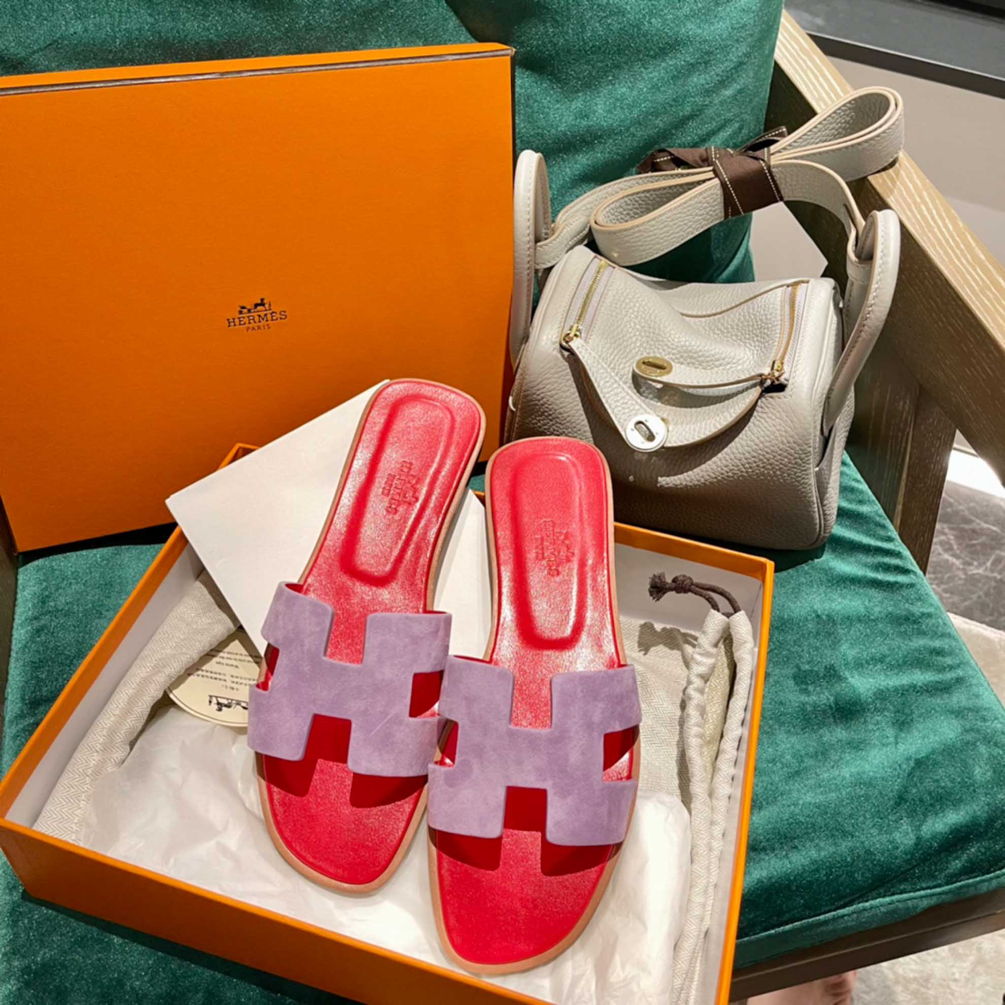 Dép Nữ Hermes Oran Sandal Hồng Đỏ Da Lộn