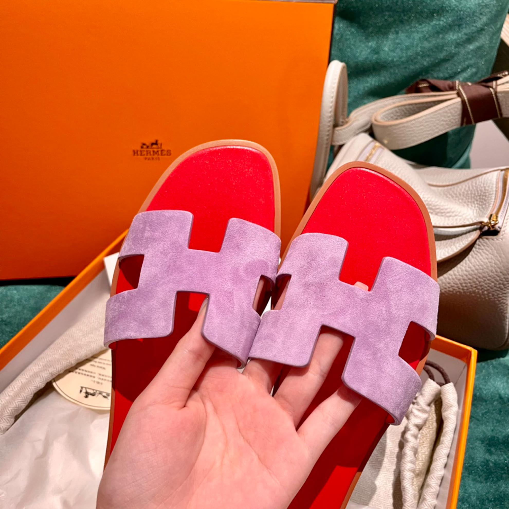 Dép Nữ Hermes Oran Sandal Hồng Đỏ Da Lộn