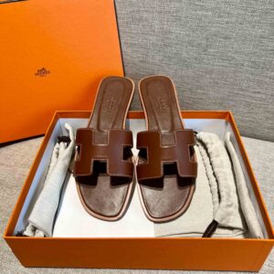 Dép Nữ Hermes Oran Sandal Nâu Đậm Trơn