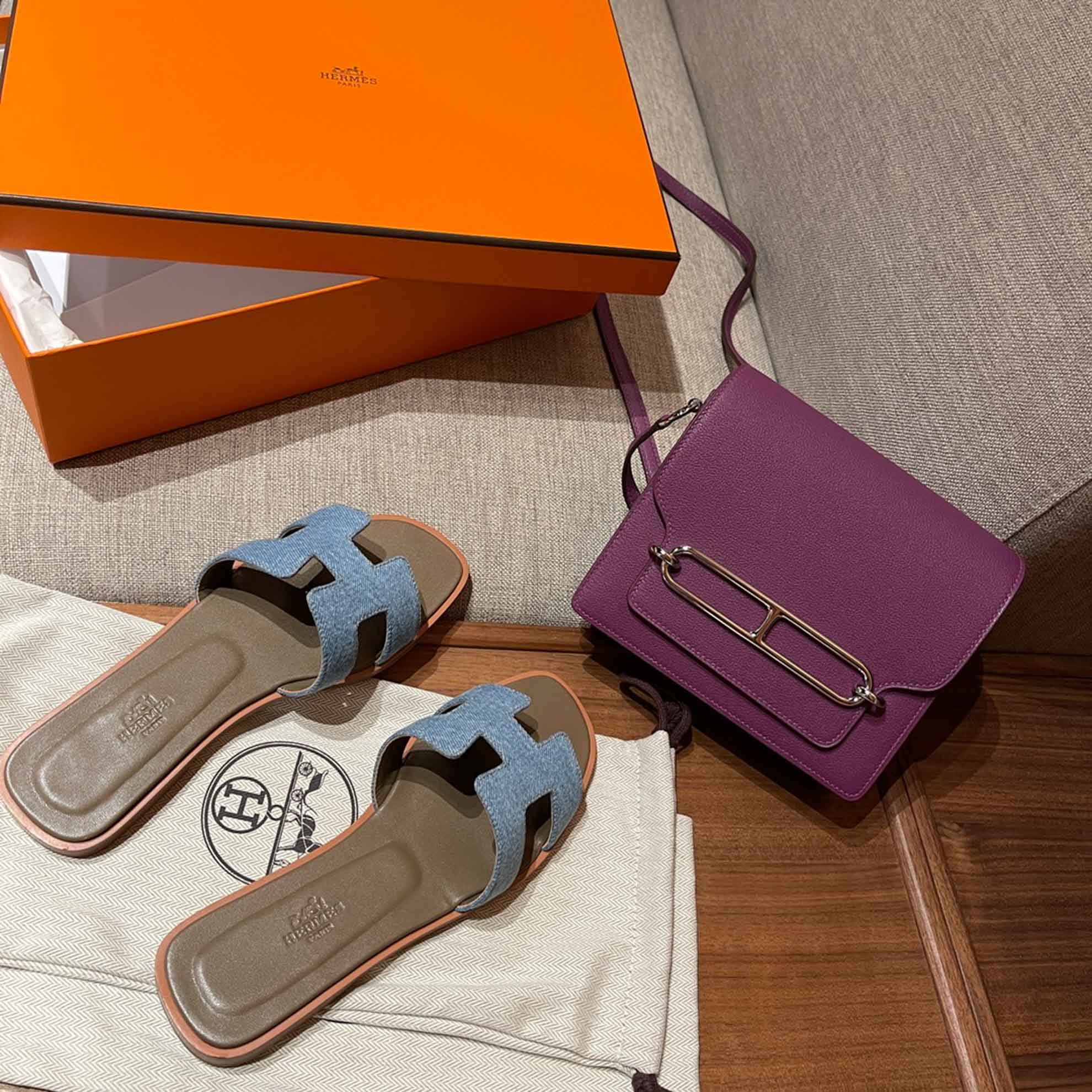 Dép Nữ Hermes Oran Sandal Xanh Nâu Denim