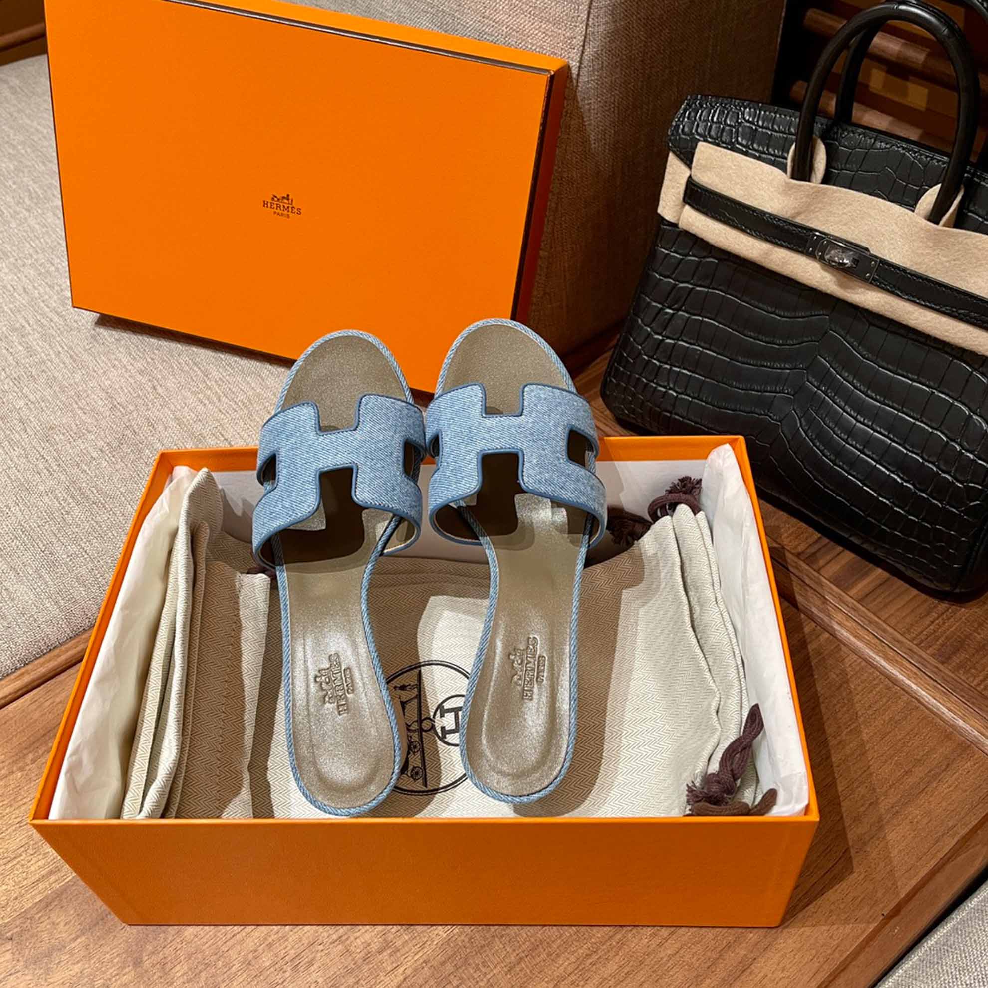 Dép Nữ Hermes Oran Sandal Xanh Nâu Denim