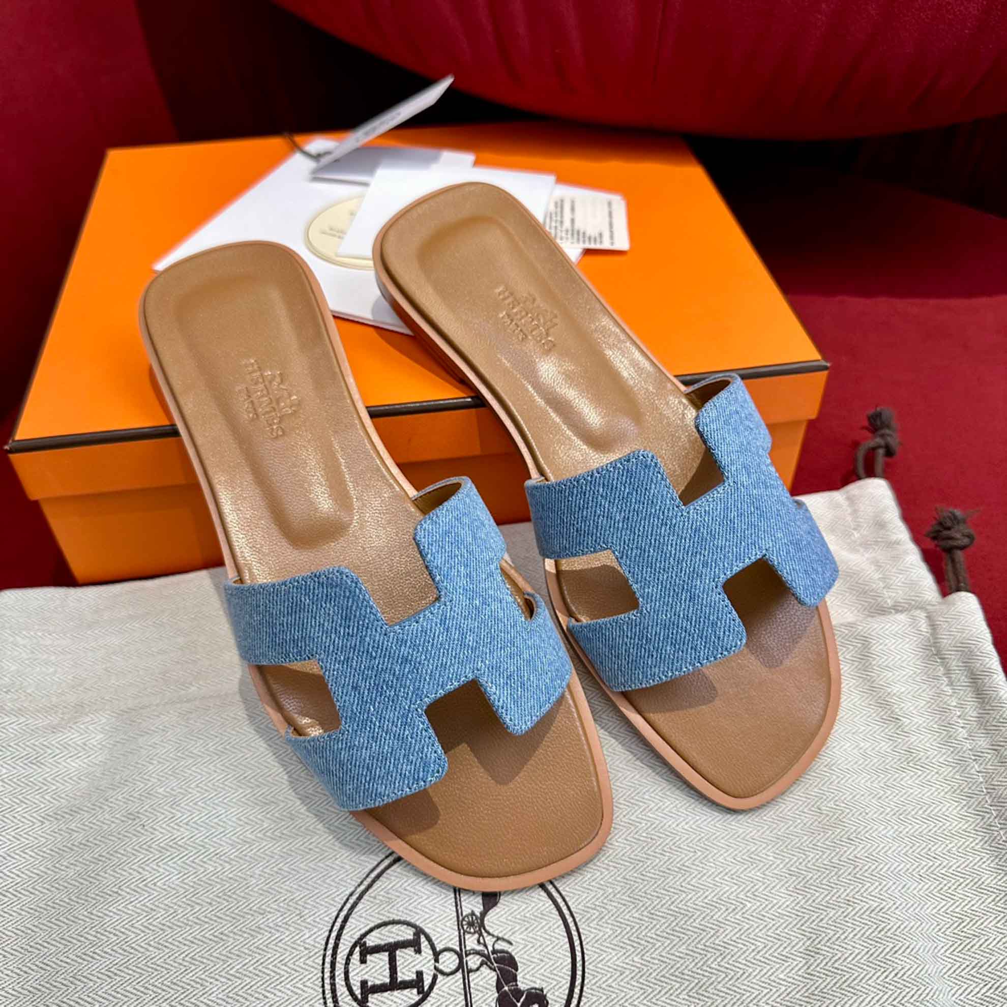 Dép Nữ Hermes Oran Sandal Xanh Nâu Denim