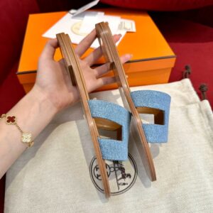 Dép Nữ Hermes Oran Sandal Xanh Nâu Denim