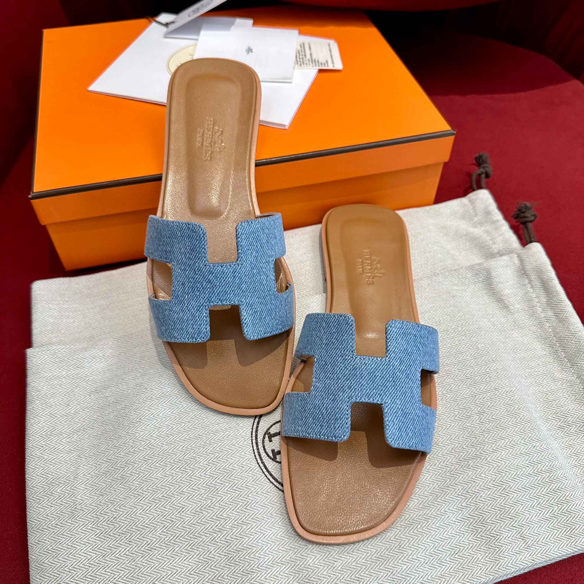 Dép Nữ Hermes Oran Sandal Xanh Nâu Denim