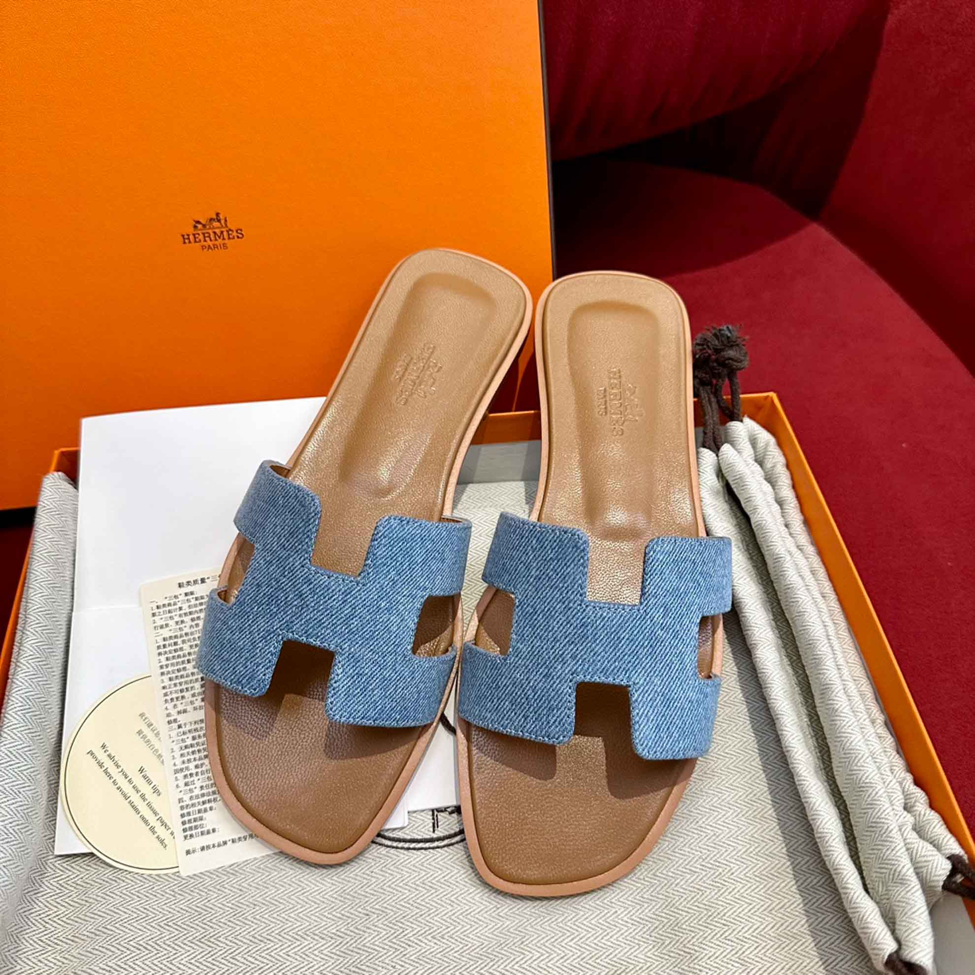 Dép Nữ Hermes Oran Sandal Xanh Nâu Denim