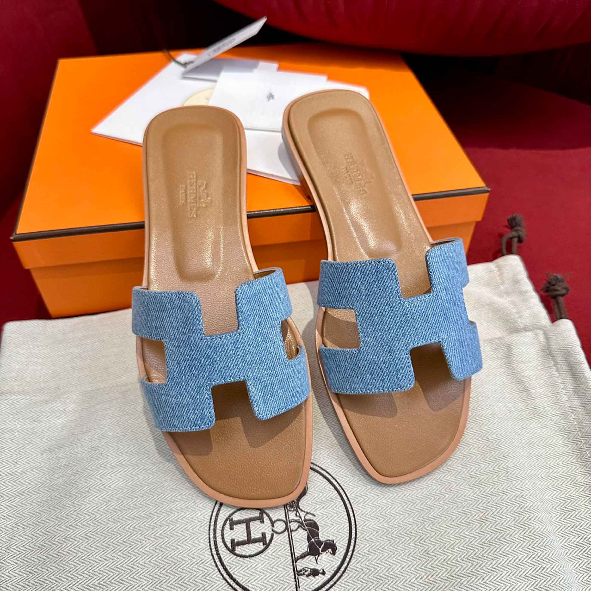 Dép Nữ Hermes Oran Sandal Xanh Nâu Denim