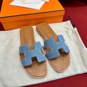 Dép Nữ Hermes Oran Sandal Xanh Nâu Denim