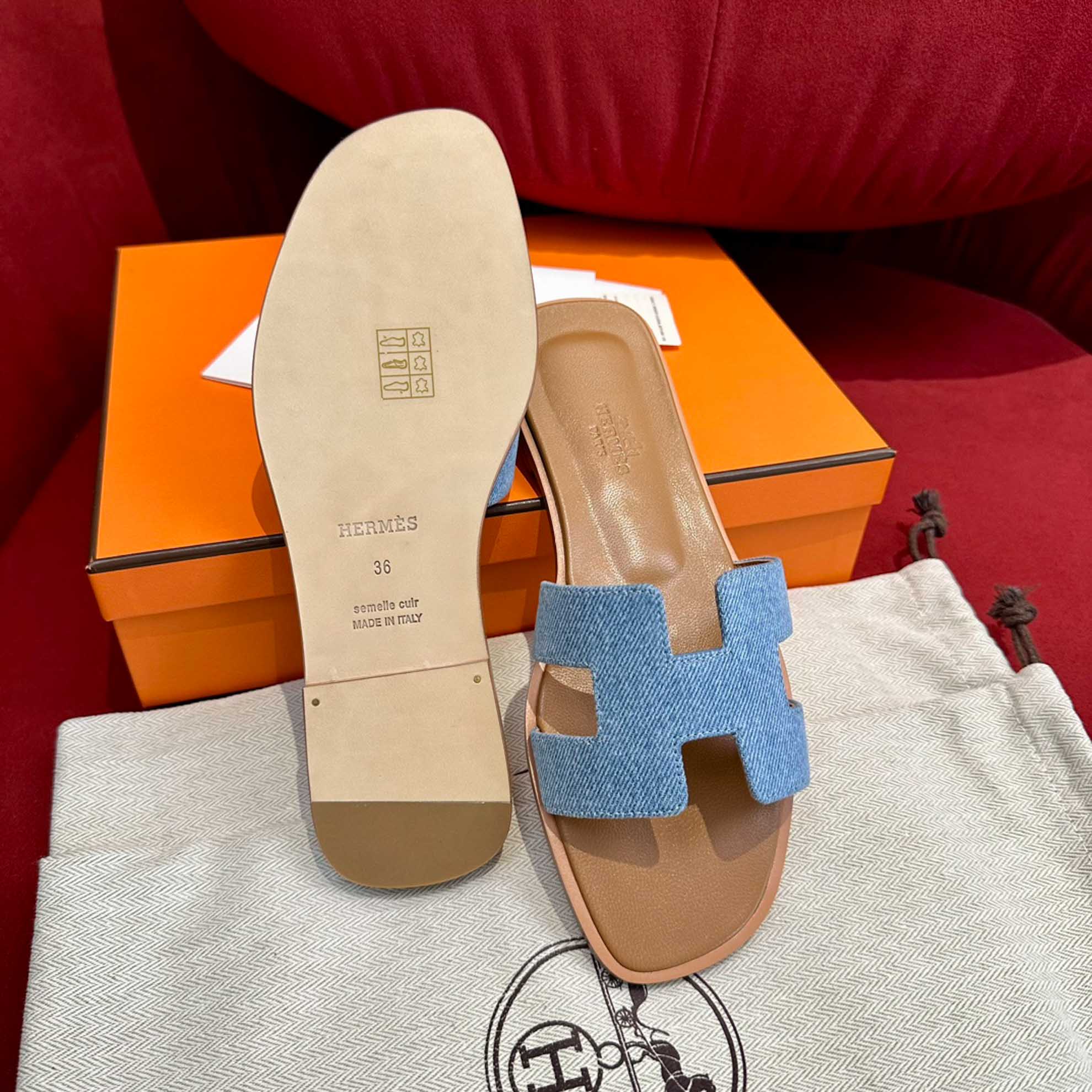 Dép Nữ Hermes Oran Sandal Xanh Nâu Denim