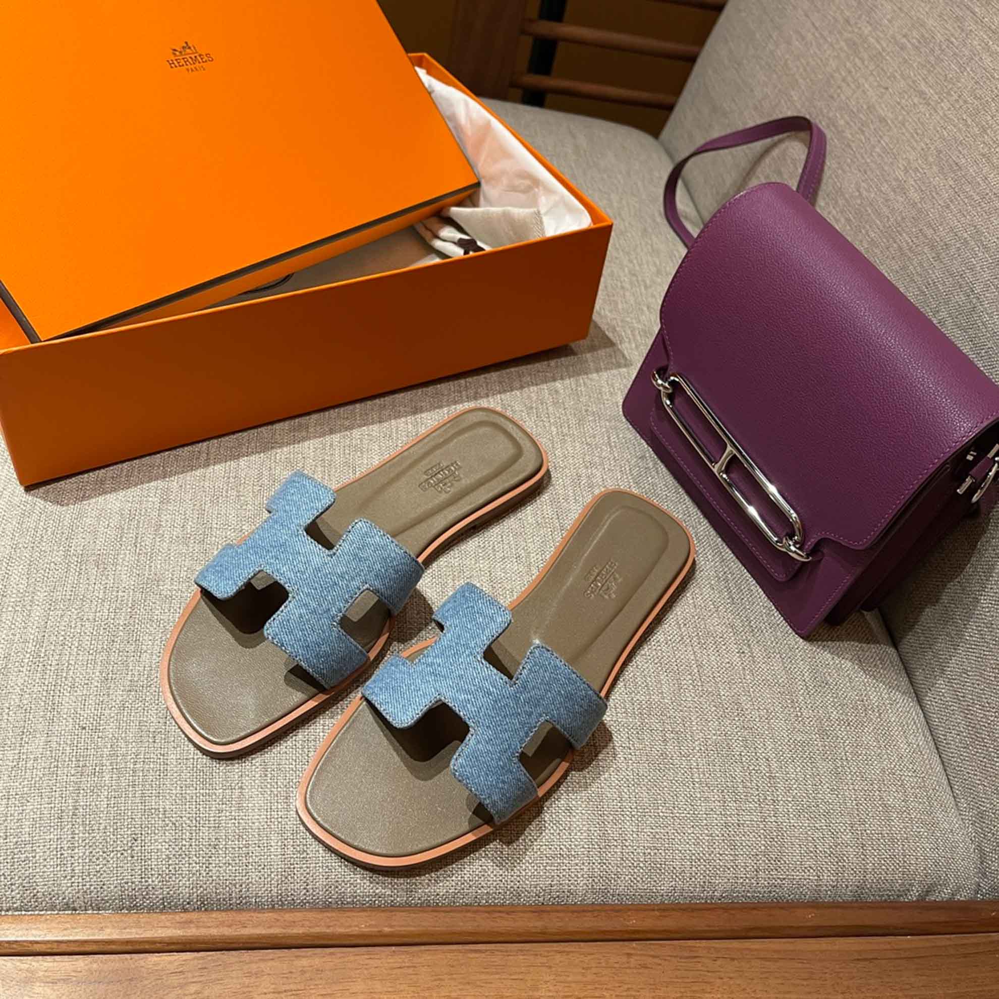 Dép Nữ Hermes Oran Sandal Xanh Nâu Denim