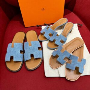 Dép Nữ Hermes Oran Sandal Xanh Nâu Denim