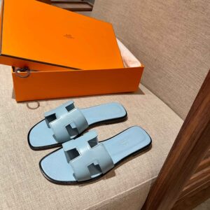 Dép Nữ Hermes Oran Sandal Xanh Ngọc Viền Đen Trơn