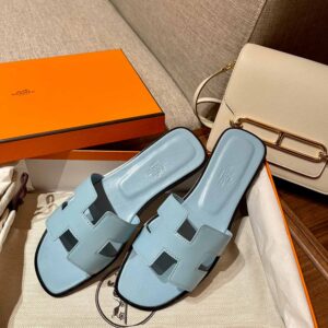 Dép Nữ Hermes Oran Sandal Xanh Ngọc Viền Đen Trơn