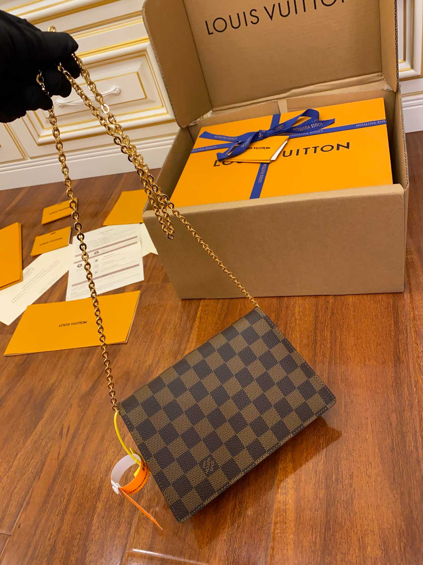 Louis Vuitton Damier Ebene Croisette Chain Wallet Pink