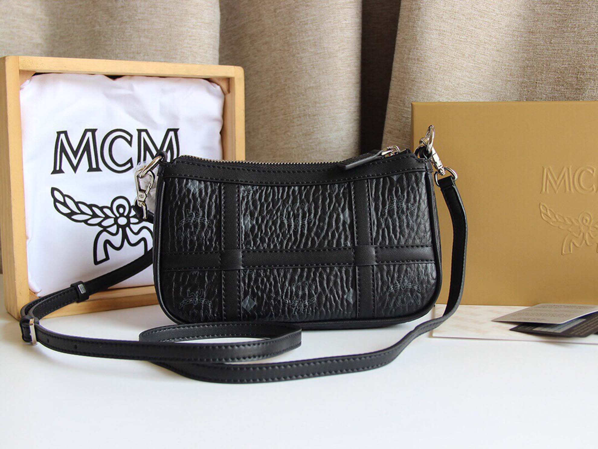 MCM Aren Shoulder Bag in Visetos Black