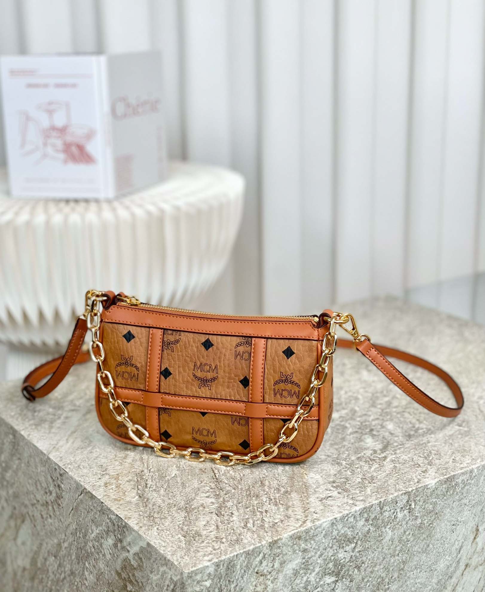 MCM Aren Shoulder Bag in Visetos Cognac