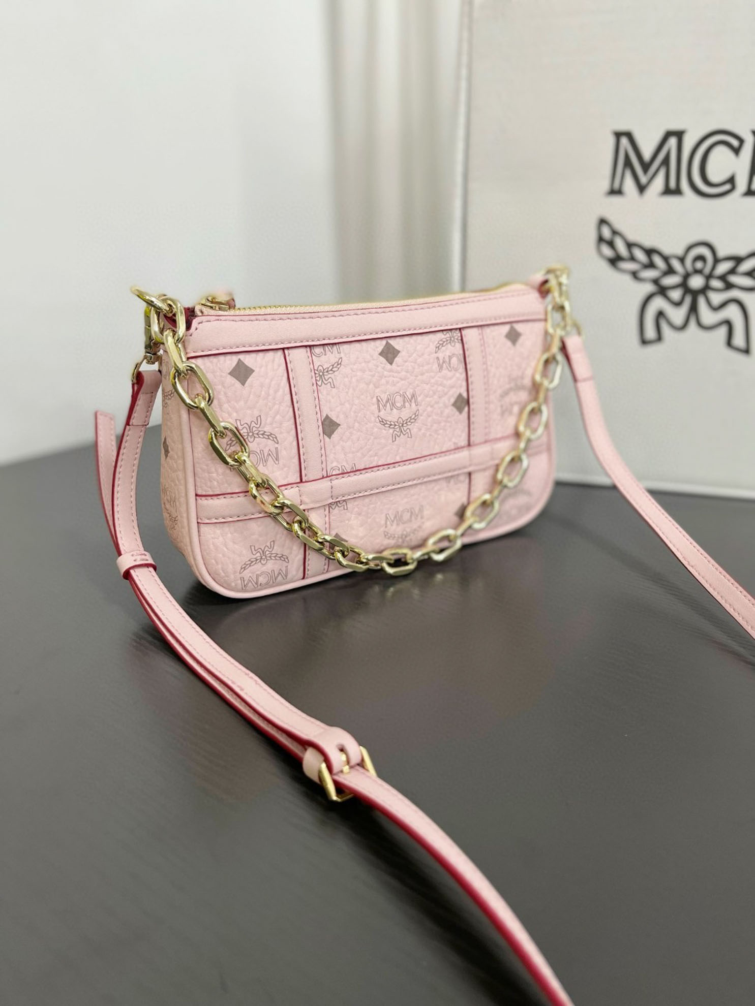 MCM Aren Shoulder Bag in Visetos Pink